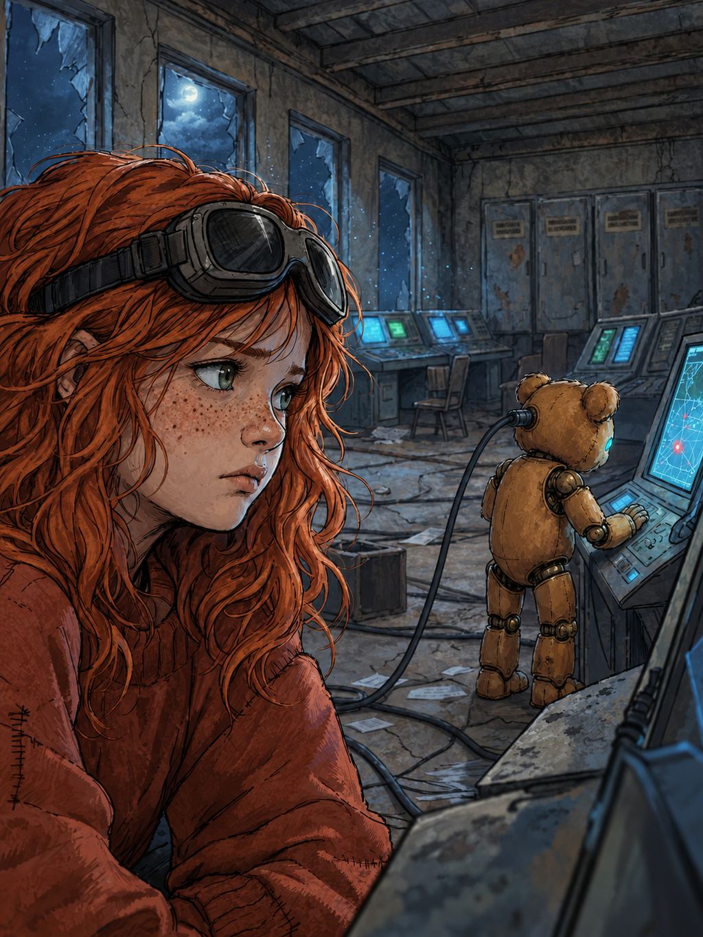 Ivy dans le paysage post-apocalyptique — page 16 panel 2: Ivy reconnaît plusieurs lieux déjà traversés dans leur voyage. Son étonnement laisse place à une inquiétude immédiate lorsqu’elle pense aux installations qui pourraient encore fonctionner.