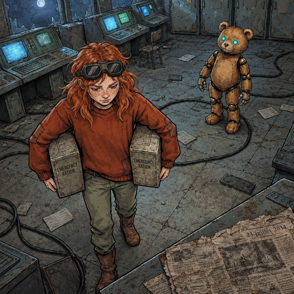 Ivy dans le paysage post-apocalyptique — page 17 panel 3: Ivy attrape deux cartons de ration de survie de secours dans la réserve ouverte. Elle en glisse un sous chaque bras, sans quitter la carte des yeux.