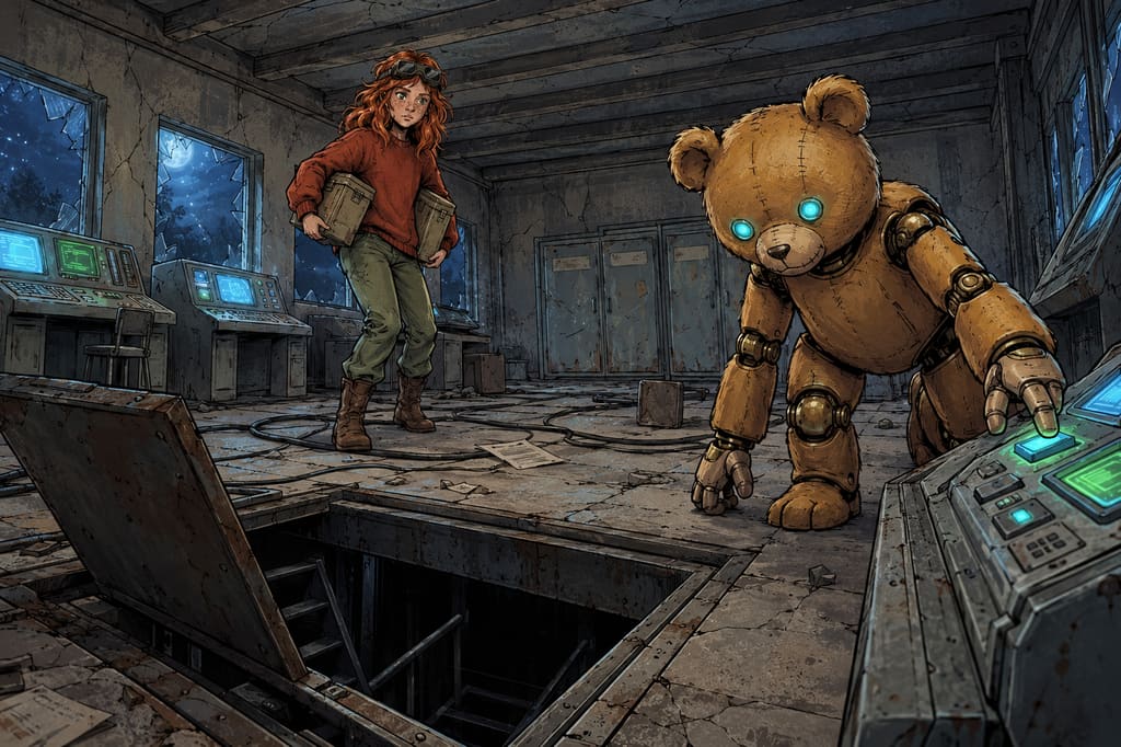 Ivy dans le paysage post-apocalyptique — page 18 panel 1: Ted appuie sur un bouton de la console. Au fond de la salle de contrôle, une trappe jusque-là dissimulée s’ouvre lentement dans le sol, révélant une obscurité profonde et un escalier métallique étroit. Ivy tient encore deux cartons de ration sous ses bras.