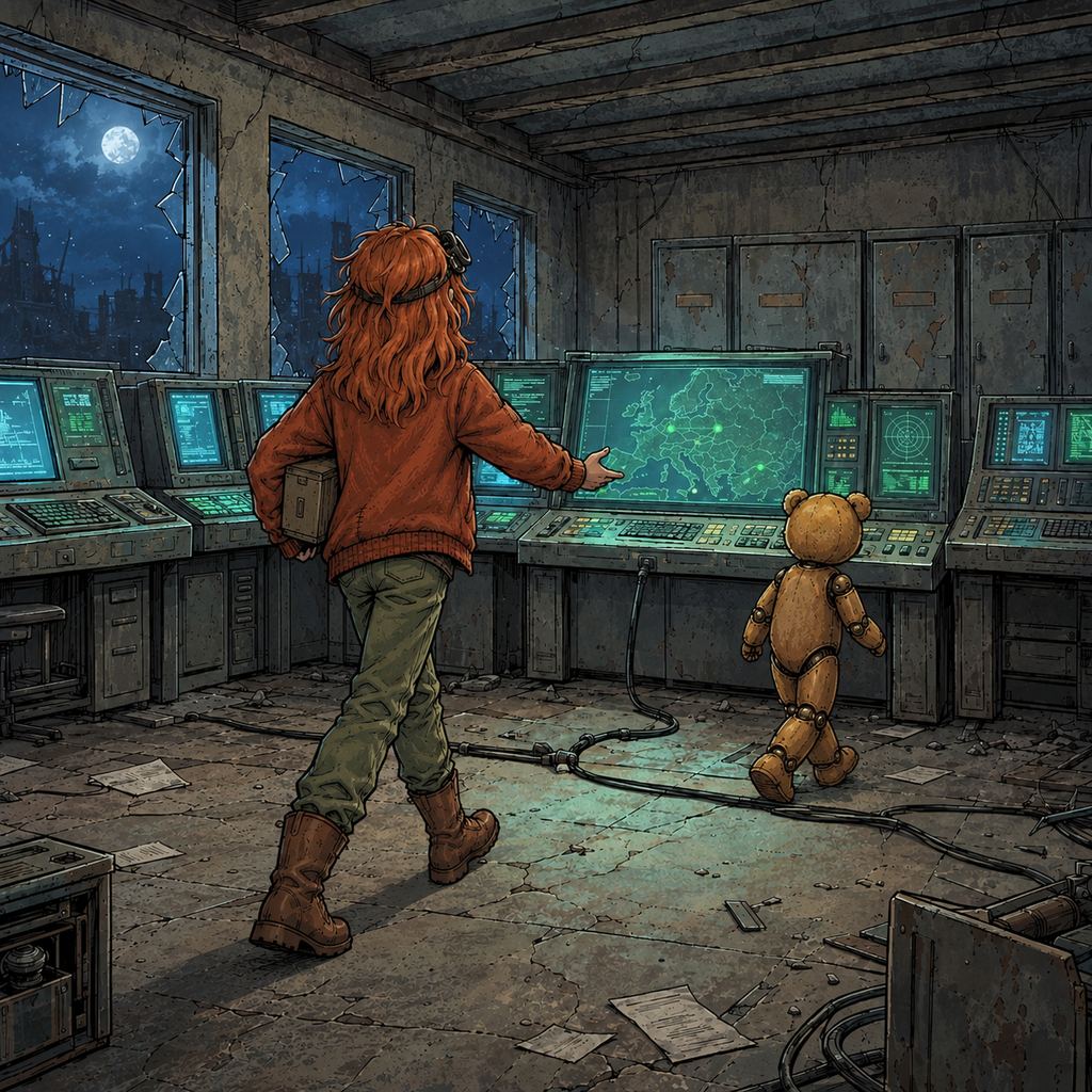 Ivy dans le paysage post-apocalyptique — page 17 panel 4: Ted interpelle Ivy au sommet de la tour. Ivy se rappelle soudainement les rats, tandis que Ted admet avec gêne qu’ils devront trouver un endroit où dormir avant de descendre.