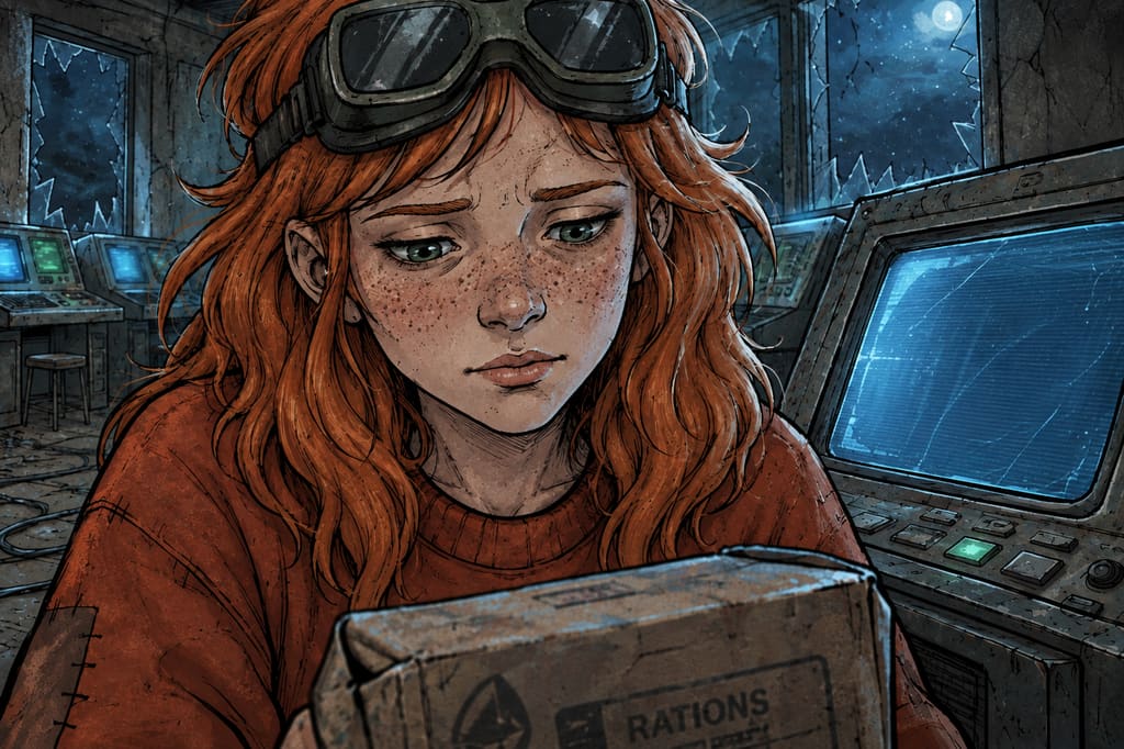 Ivy dans le paysage post-apocalyptique — page 18 panel 4: Ivy reste immobile un instant, gênée par le ton raisonnable de Ted. Elle baisse les yeux vers ses rations, puis soupire et accepte finalement de remettre leur expédition au lendemain.