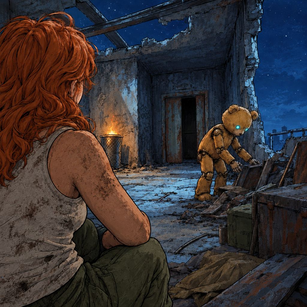 Ivy dans le paysage post-apocalyptique — page 21 panel 1: Pendant qu’Ivy s’installe, Ted vadrouille dans la pièce et inspecte les débris comme s’il organisait un campement. Ivy le suit des yeux, amusée.
