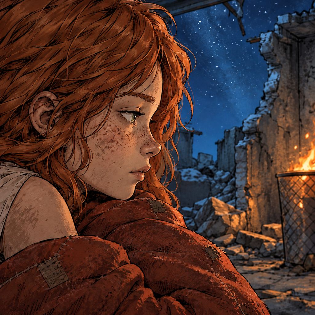 Ivy dans le paysage post-apocalyptique — page 21 panel 2: Ted revient près d’Ivy et la conversation se prolonge à voix basse. Les étoiles remplissent l’ouverture béante au-dessus d’eux tandis que les paupières d’Ivy deviennent lourdes.
