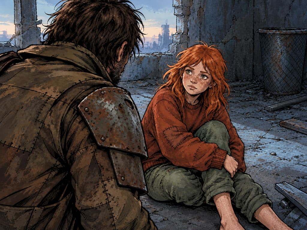 Ivy dans le paysage post-apocalyptique — page 23 panel 2: La caméra recule : Ivy se redresse en position assise, inquiète, tandis que le pillard édenté reste penché au-dessus d’elle. Dans le coin, Ted demeure désactivé.