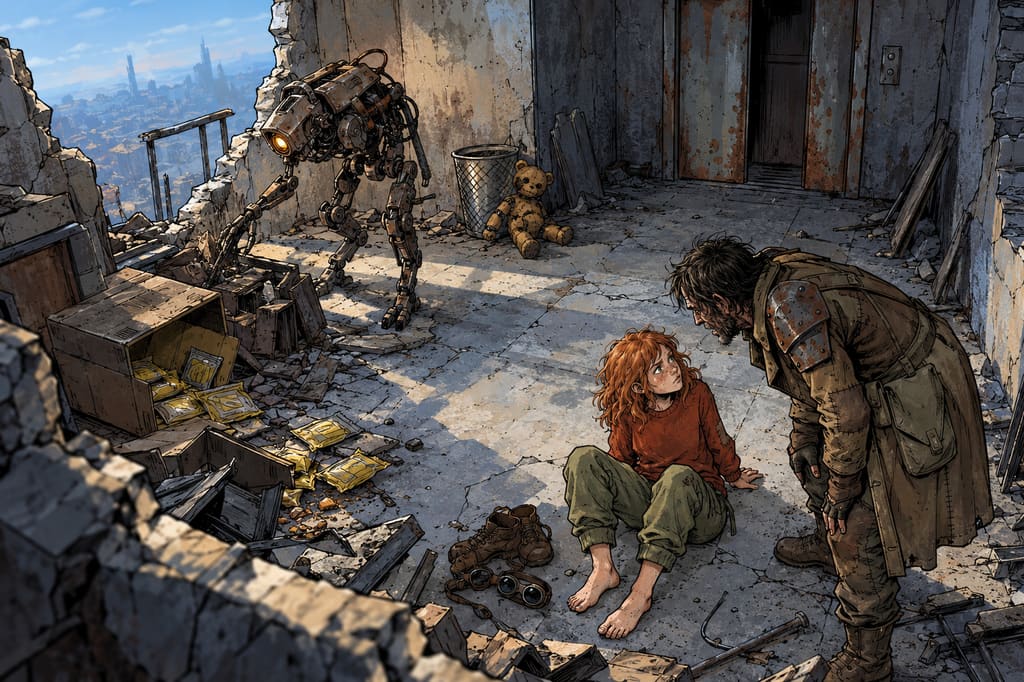 Ivy dans le paysage post-apocalyptique — page 25 panel 1: La lumière du jour du matin traverse l’ouverture béante de l’appartement. Ivy est assise sur le sol, tendue, tandis que le Pillard édenté se penche au-dessus d’elle. Ted, l’ours en peluche robot, reste désactivé, les yeux éteints, adossé à la corbeille à papier. Les bottes et les lunettes de soudure d’Ivy traînent près des débris, tandis que le Droïde des pillards fouille les gravats à l’arrière-plan. Ted demeure encore complètement désactivé.