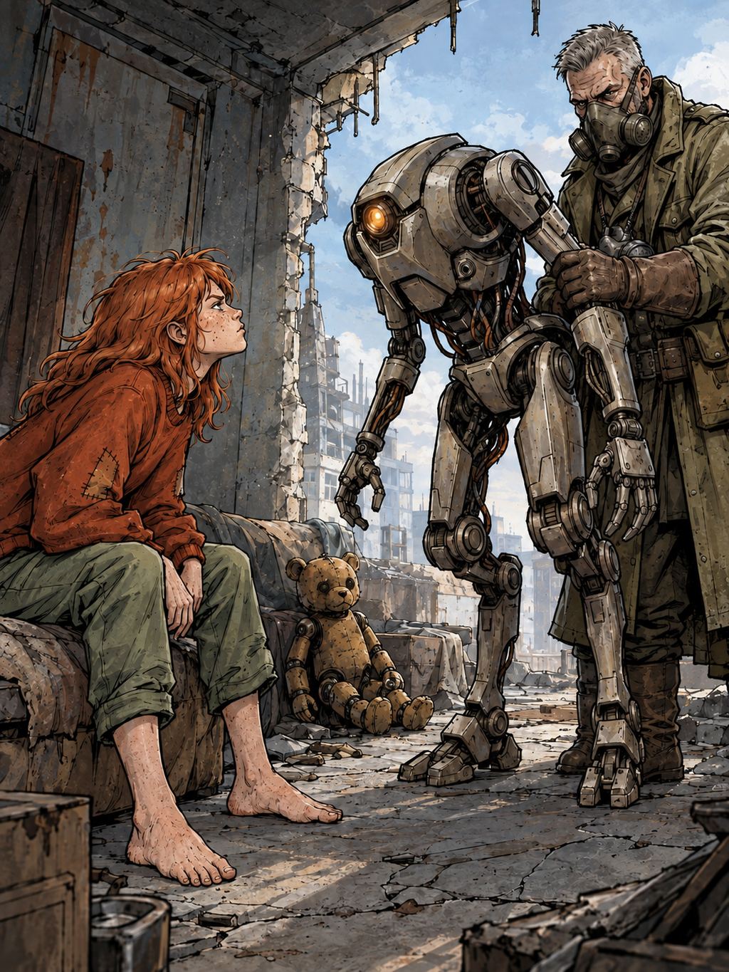 Ivy dans le paysage post-apocalyptique — page 25 panel 5: Ivy relève le menton malgré sa peur et adresse une pique au Droïde des pillards, qui vient de se moquer de Ted, l’ours en peluche robot encore désactivé. Le capteur ambre du Droïde des pillards se braque vers elle. Le Pillard au masque pose une main gantée sur son bras mécanique pour l’empêcher d’avancer.