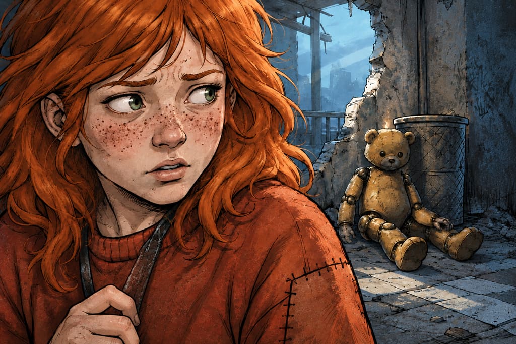 Ivy dans le paysage post-apocalyptique — page 25 panel 2: Gros plan sur Ivy. Elle avale difficilement, puis incline timidement la tête vers Ted sans oser le regarder directement. Sa carte magnétique rouge marquée du logo Exo repose contre sa poitrine.