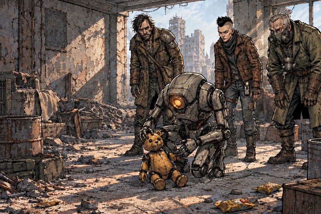 Ivy dans le paysage post-apocalyptique — page 25 panel 4: Le Droïde des pillards s’accroupit près de Ted, l’ours en peluche robot encore désactivé, pour l’examiner avec ses pinces. Son unique capteur ambre s’allume davantage tandis que les autres pillards se tournent vers lui.