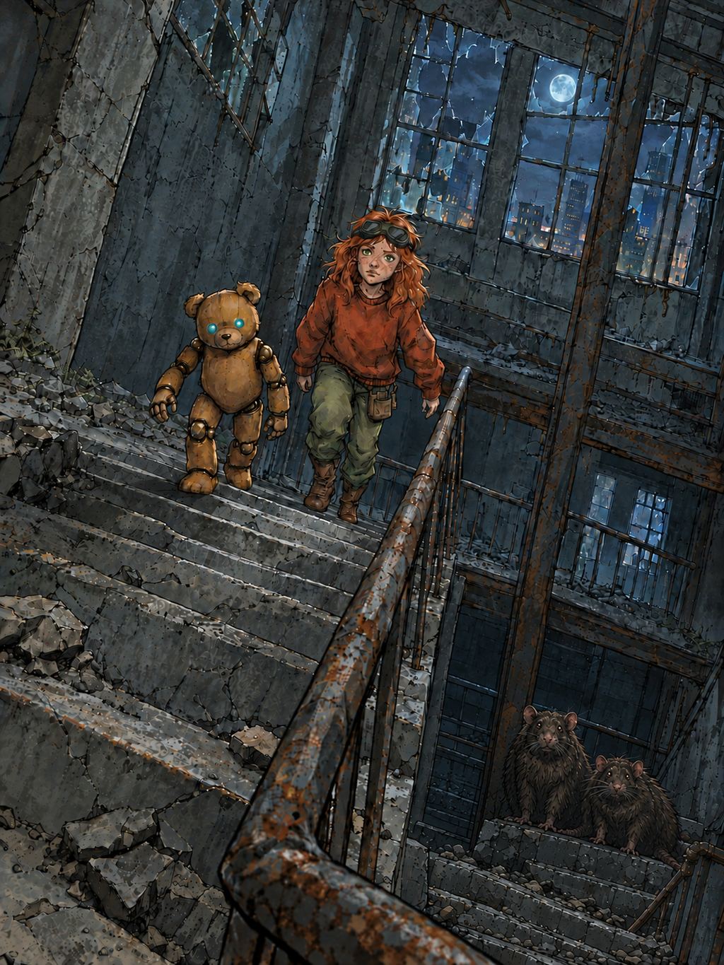 Ivy dans le paysage post-apocalyptique — page 7 panel 2: Ils montent une cage d’escalier ouverte sur le vide. Ted passe le premier, tandis qu’Ivy ferme la marche, inquiète après avoir entendu un bruit étrange.