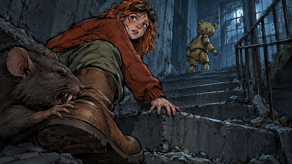 Ivy dans le paysage post-apocalyptique — page 7 panel 3: Au moment où Ivy se hisse derrière Ted sur un nouvel escalier, elle se fige.