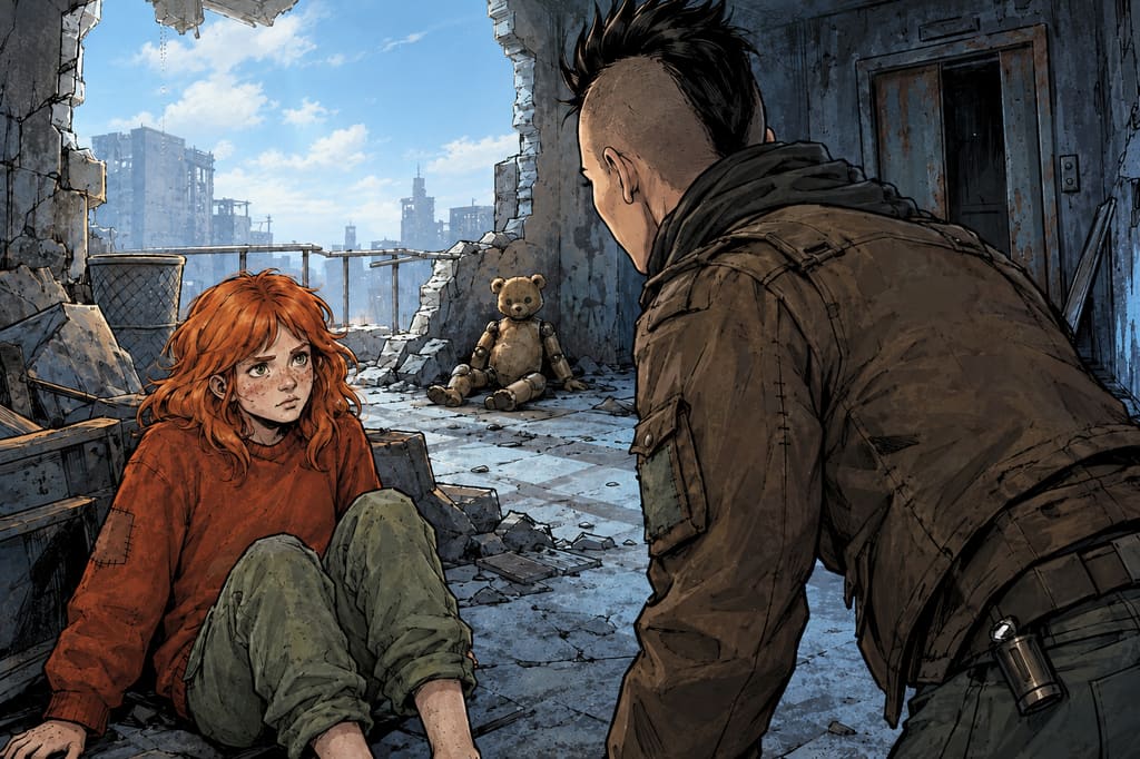 Ivy dans le paysage post-apocalyptique — page 28 panel 1: Ivy reste assise contre les débris, les épaules tendues. La Pillard à la lampe se penche sur elle et exige une réponse.