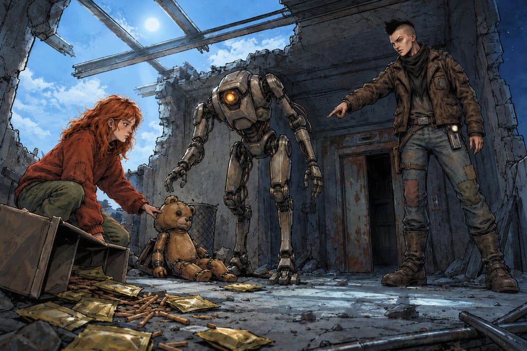 Ivy dans le paysage post-apocalyptique — page 28 panel 2: La Pillard à la lampe perd patience. Elle se redresse brusquement et ordonne au Droïde des pillards de saisir Ted.