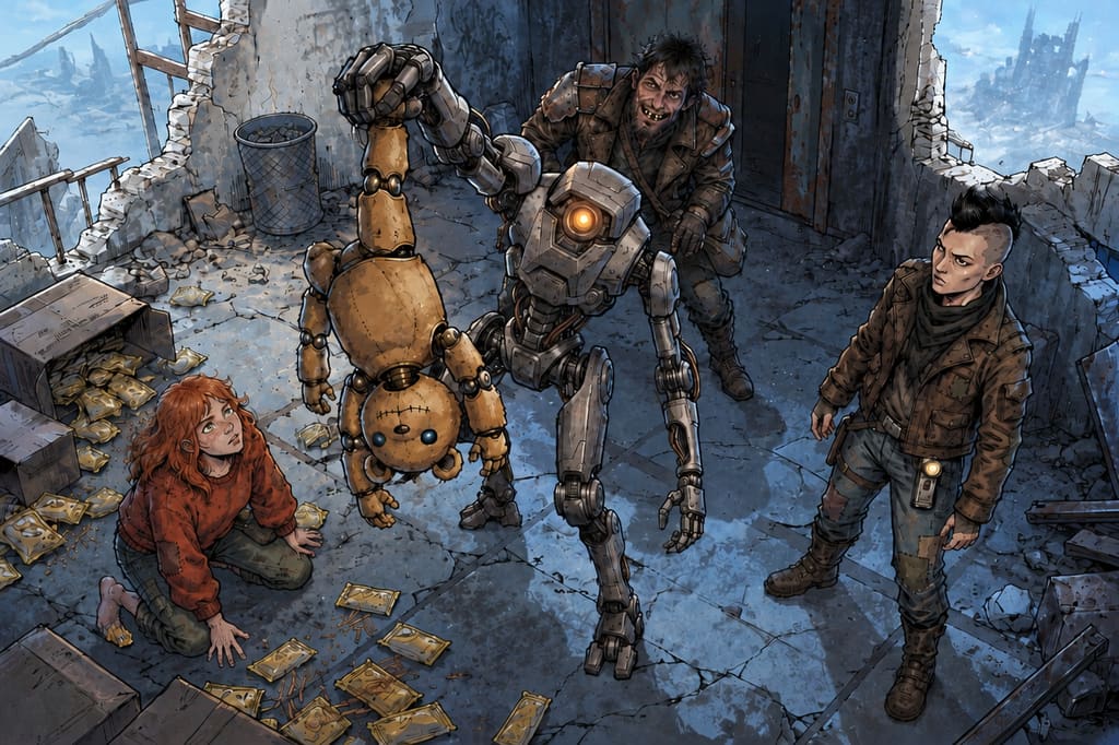 Ivy dans le paysage post-apocalyptique — page 28 panel 4: Ted pend à l’envers, tenu par une jambe. Son corps reste inerte, ses yeux éteints, tandis que le Droïde des pillards le maintient au-dessus du sol.