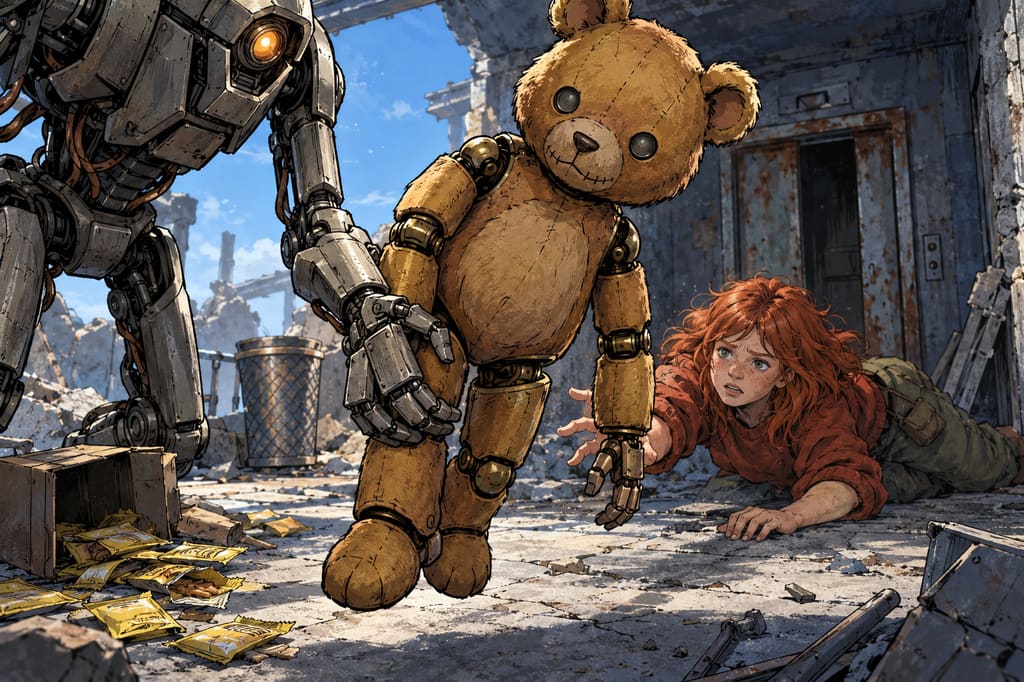Ivy dans le paysage post-apocalyptique — page 28 panel 3: De jour, le Droïde des pillards se penche et saisit Ted, dont les yeux sont éteints, par une jambe. Ivy se débat pour se relever, tandis que le droïde soulève déjà l’ours robot désactivé.
