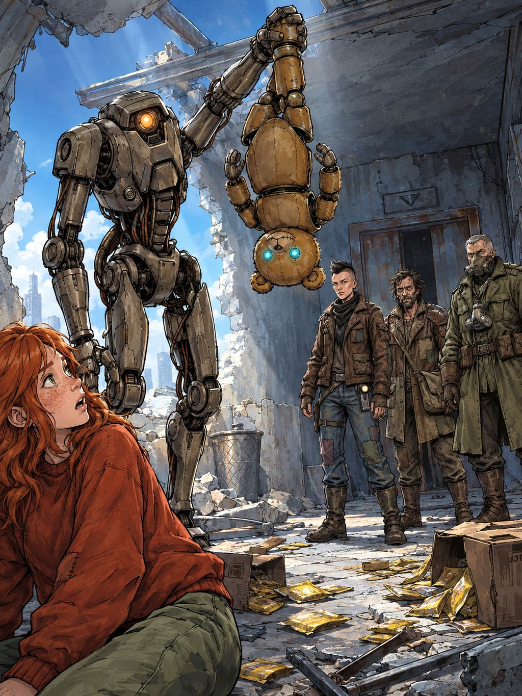 Ivy dans le paysage post-apocalyptique — page 28 panel 5: De jour, les yeux de Ted se rallument soudainement d’une lumière vive. Ivy lève la tête, stupéfaite, tandis que les pillards se figent.
