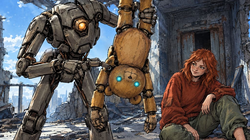 Ivy dans le paysage post-apocalyptique — page 29 panel 4: Le Droïde des pillards suspend Ted à l’envers par les jambes avec un bras manipulateur, tandis qu’il enfonce un doigt dans le port situé sur le côté de la tête de Ted. Les deux bras de Ted pendent librement vers le bas. Ivy, assis sur le sol, murmure son avertissement avec un sourire en coin.