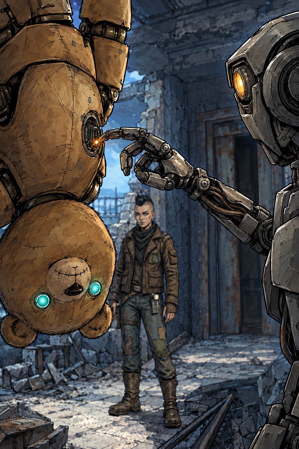 Ivy dans le paysage post-apocalyptique — page 30 panel 1: Le doigt du Droïde des pillards est toujours enfoncé dans le port de piratage situé sur le côté de la tête de Ted, qui reste suspendu à l’envers par les jambes. Une impulsion lumineuse traverse brièvement les câbles exposés du droïde.
