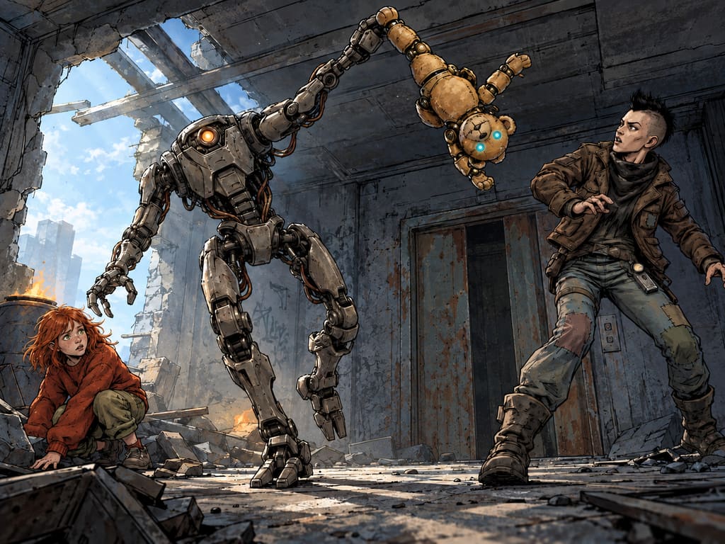 Ivy dans le paysage post-apocalyptique — page 30 panel 2: Ted détourne brièvement le contrôle de la pince. Le bras du Droïde des pillards pivote contre sa volonté et emporte Ted dans un large mouvement de balancier vers Pillard à la lampe.