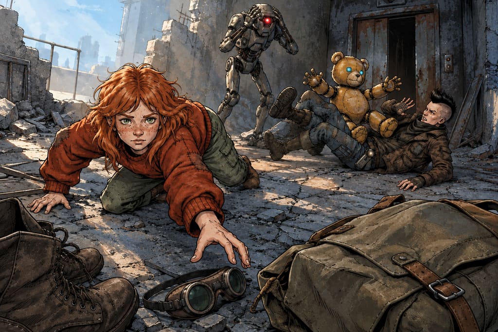 Ivy dans le paysage post-apocalyptique — page 30 panel 3: Profitant de la confusion, Ivy rampe jusqu’à ses bottes et à ses lunettes de soudure abandonnées parmi les débris. Elle les récupère d’une main, sans quitter le sac marin des yeux. À l’arrière-plan, Ted tombe sur Pillard à la lampe, les pieds joints, et la fait chuter. Le Droïde des pillards se tient la tête de douleur à côté d’eux.