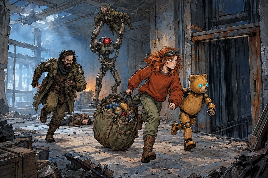 Ivy dans le paysage post-apocalyptique — page 30 panel 4: Ivy court vers l’arrière de l’appartement en traînant l’énorme sac marin rempli de provisions. Ted la suit de près, tandis qu’en arrière-plan, Pillard édenté les poursuit. Droïde des pillards, devenu fou, soulève Pillard au masque au-dessus de sa tête, et Pillard à la lampe reste au sol derrière eux.