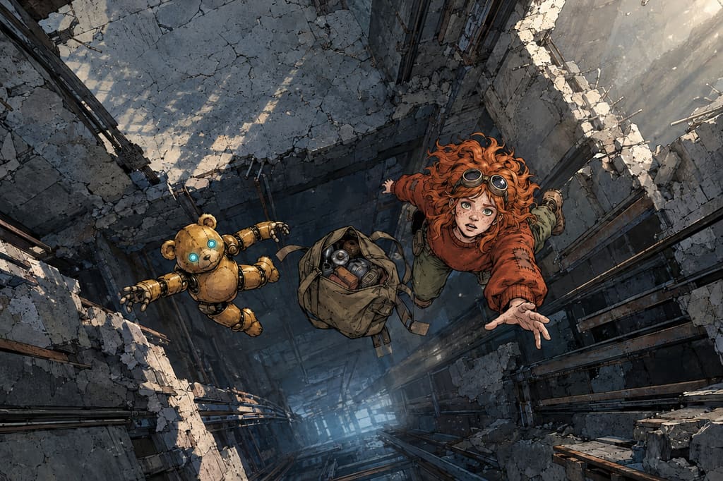 Ivy dans le paysage post-apocalyptique — page 30 panel 5: Au bord de la cage d’ascenseur vide, Ivy et Ted se jettent ensemble dans le vide. Le sac marin plein de provisions bascule avec eux, tandis que les pillards arrivent juste trop tard au seuil béant.