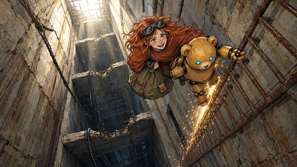 Ivy dans le paysage post-apocalyptique — page 32 panel 4: Vue en plongée montrant Ted et Ivy dévalant le conduit vers les profondeurs brumeuses de la tour, laissant derrière eux une traînée scintillante d'étincelles et de poussière. Ivy sourit malgré la frayeur, agrippant le sac de provisions intact.