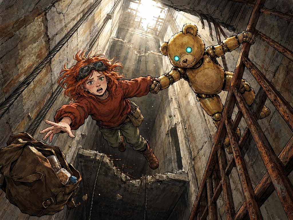 Ivy dans le paysage post-apocalyptique — page 32 panel 1: En pleine chute libre, Ted tend vivement ses deux bras : d'une patte métallique, il agrippe fermement l'un des côtés de l'échelle rouillée le long de la paroi en béton pour s'y laisser glisser, tandis que de l'autre main, il attrape Ivy par le bras. Ivy s'agrippe au sac marron rempli de provisions qui tombe avec elle.