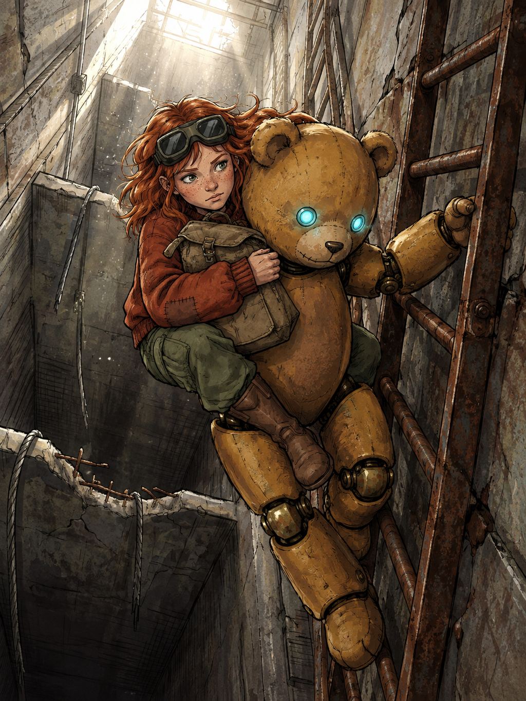 Ivy dans le paysage post-apocalyptique — page 32 panel 2: Ivy bascule et s'enroule autour de Ted, qui se tient aux côtés de l'échelle pour se laisser glisser. Elle s'accroche solidement à son dos tout en serrant le lourd sac marin contre elle pour ne perdre aucune provision.