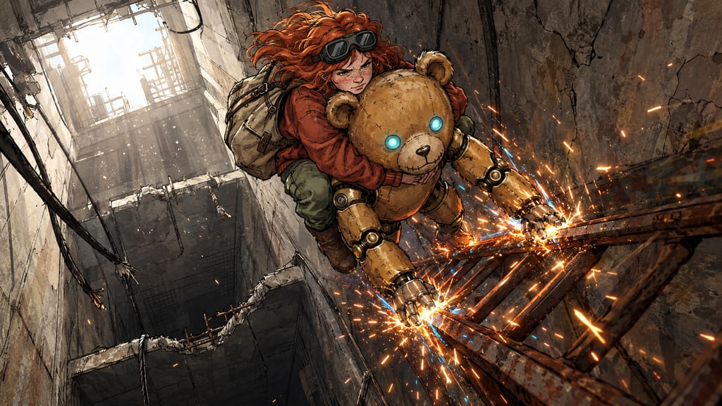 Ivy dans le paysage post-apocalyptique — page 32 panel 3: Ted commence à glisser à toute vitesse le long des montants métalliques de l'échelle pour freiner la chute. La friction violente de ses mains et de ses pieds métalliques fait jaillir une gerbe spectaculaire d'étincelles dorées et bleues.