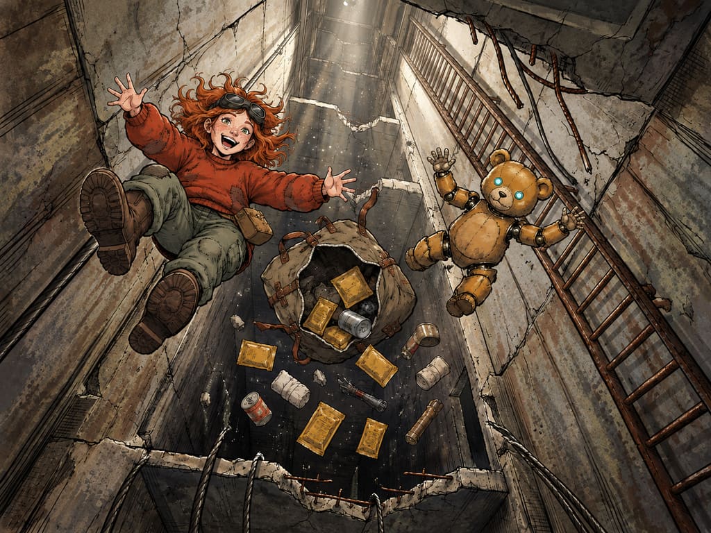 Ivy dans le paysage post-apocalyptique — page 31 panel 1: Ivy et Ted chutent librement dans la cage d'ascenseur abandonnée. L'énorme sac marin rempli de provisions tombe entre eux et laisse s'échapper une partie de son contenu, tandis qu'une longue échelle descend le long du conduit vers les profondeurs. Malgré la chute, Ivy rigole.