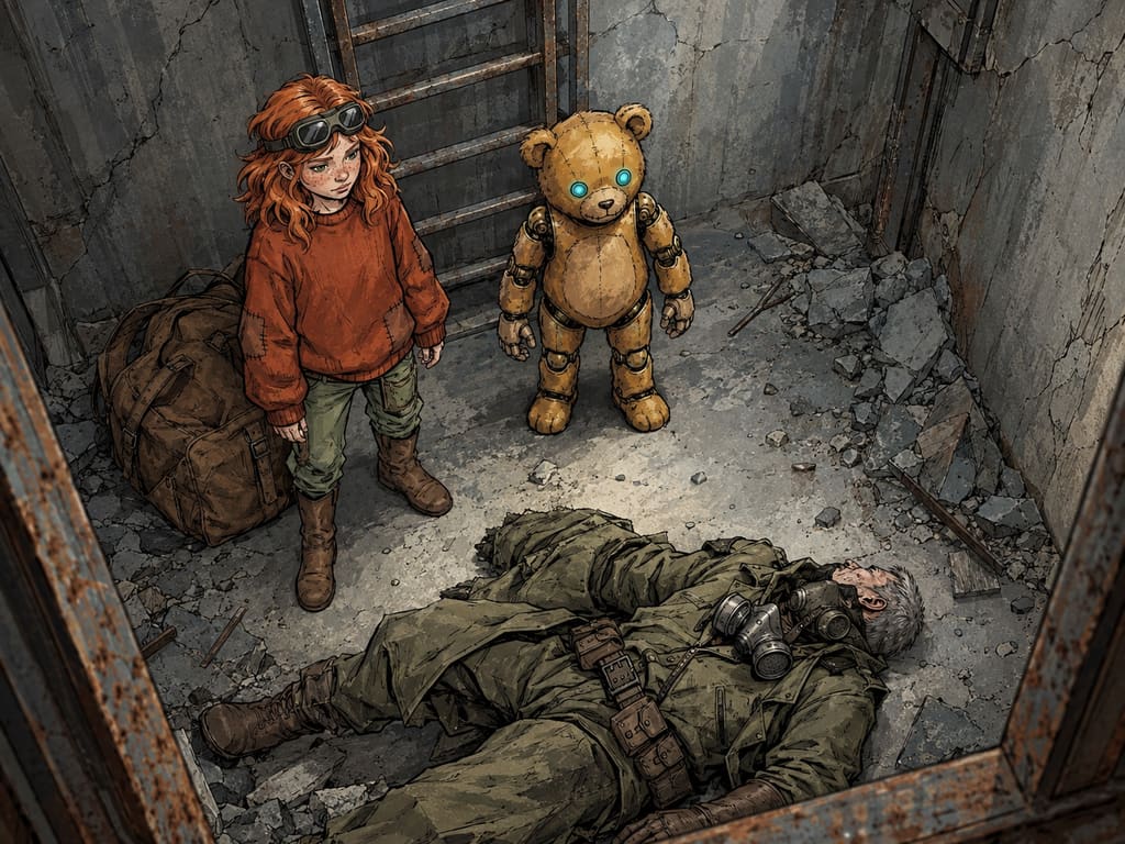 Ivy dans le paysage post-apocalyptique — page 34 panel 1: Ivy et Tedson se tiennent au fond du conduit, juste au pied de l’échelle qu’ils viennent de descendre avec l’énorme sac marin. Tous deux regardent le Pillard au masque, édenté et inerte, étendu sur le sol à leurs pieds.