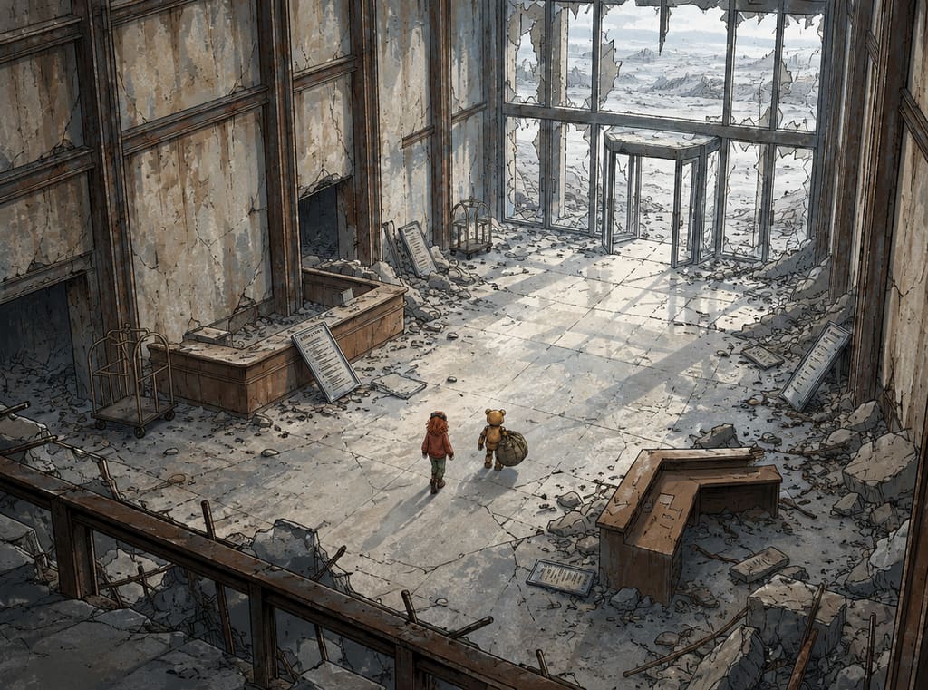 Ivy dans le paysage post-apocalyptique — page 34 panel 5: Ivy et Ted s’éloignent dans la lumière grise qui traverse l’entrée détruite. Le hall immense les avale presque, mais leurs silhouettes avancent ensemble vers la suite de leur recherche du père d’Ivy.