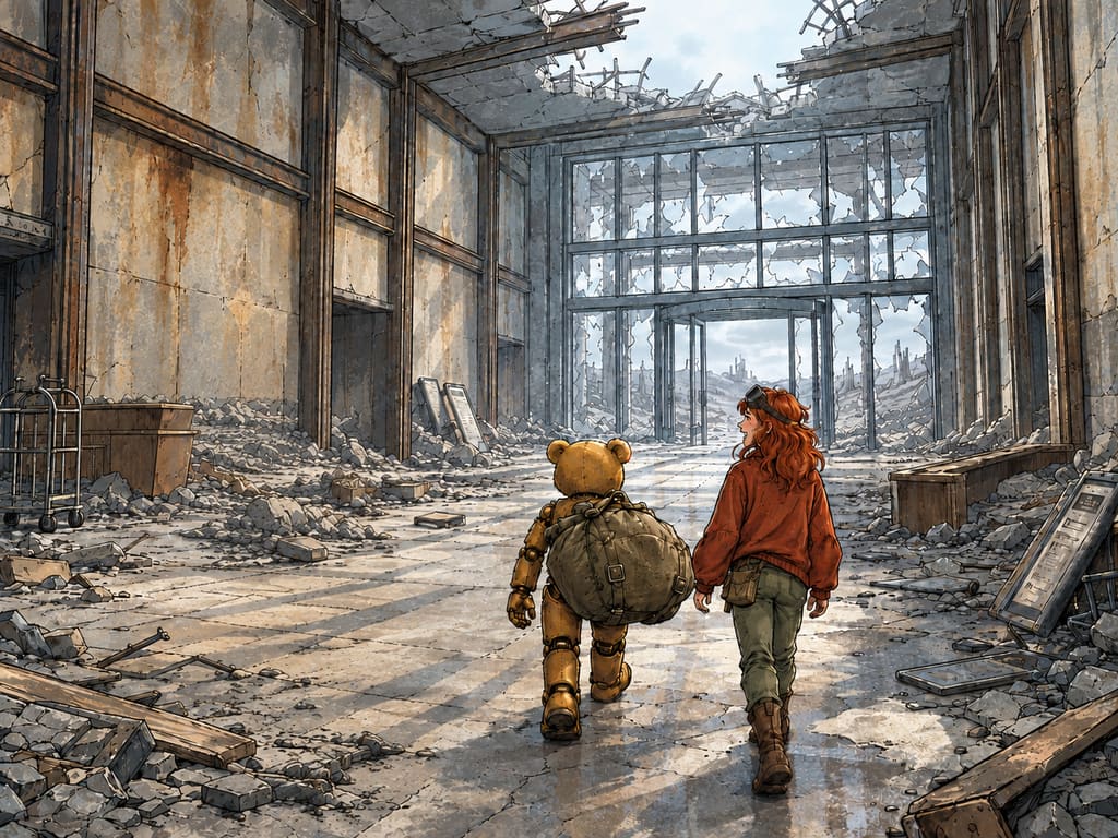 Ivy dans le paysage post-apocalyptique — page 34 panel 4: Ted ouvre la marche dans le gigantesque hall d’accueil, courbé sous le sac marin mais avançant avec assurance. Ivy le suit sur ses talons, toujours en train de rire, tandis que Pillard au masque reste abandonné derrière eux.