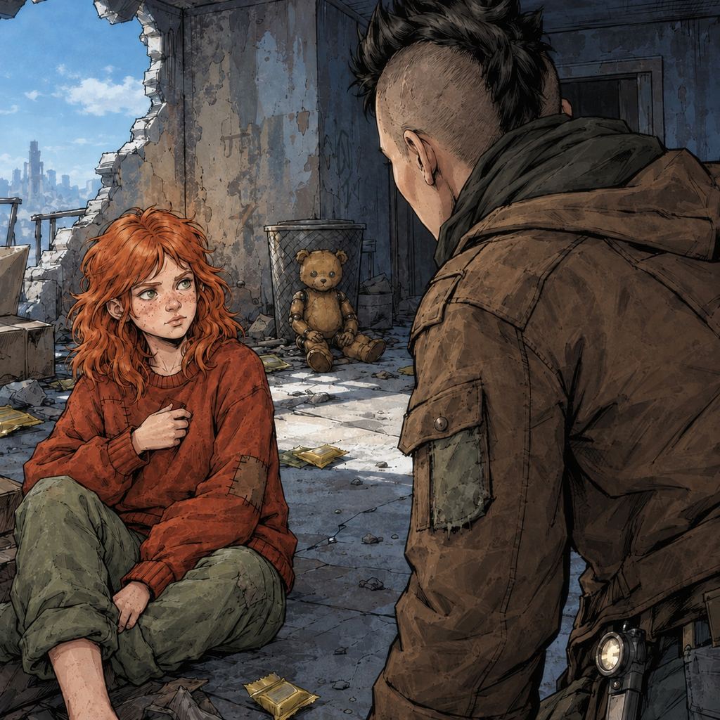 Ivy dans le paysage post-apocalyptique — page 26 panel 1: Ivy reste assise au sol, le dos tendu, tandis que la Pillard à la lampe se penche davantage sur elle. Ted demeure désactivé contre la corbeille, les yeux éteints. Ivy garde sa carte magnétique rouge cachée contre sa poitrine, sous son débardeur.