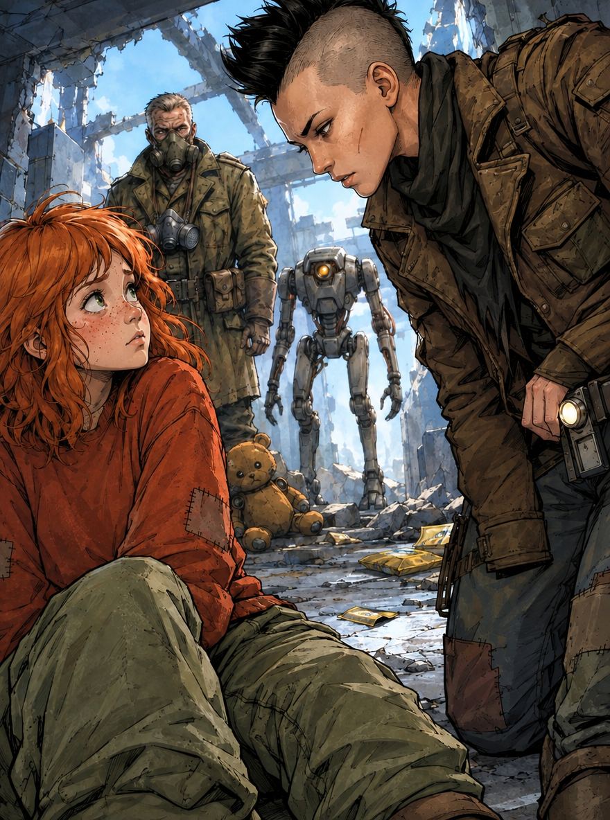 Ivy dans le paysage post-apocalyptique — page 25 panel 6: La Pillarde à la lampe s’avance au premier plan et se penche vers Ivy, qui paraît embarrassée. Sa main reste près de la petite lampe électrique accrochée à sa ceinture. Derrière elle, le Droïde des pillards et le Pillard au masque attendent la réponse d’Ivy, tandis que Ted, l’ours en peluche robot désactivé aux yeux éteints, repose en arrière-plan.