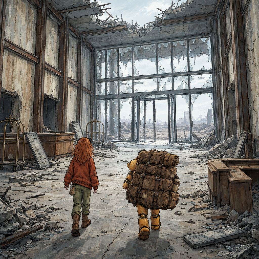 Ivy dans le paysage post-apocalyptique — page 35 panel 1: Ivy et Ted avancent presque jusqu’à la sortie du gigantesque hall, le sac marin toujours fixé au dos de Ted. La lumière grise de l’extérieur s’étend devant eux, tandis que les ruines restent silencieuses derrière.