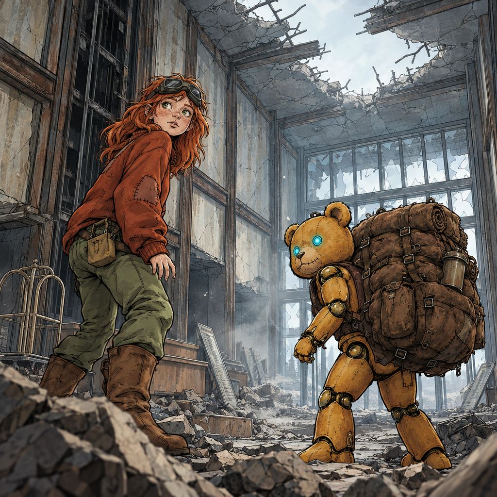 Ivy dans le paysage post-apocalyptique — page 35 panel 2: Un bruit énorme retentit derrière eux. Ivy se fige et Ted pivote lourdement sous le poids du sac marin, tous deux tournant la tête vers la cage d’ascenseur.