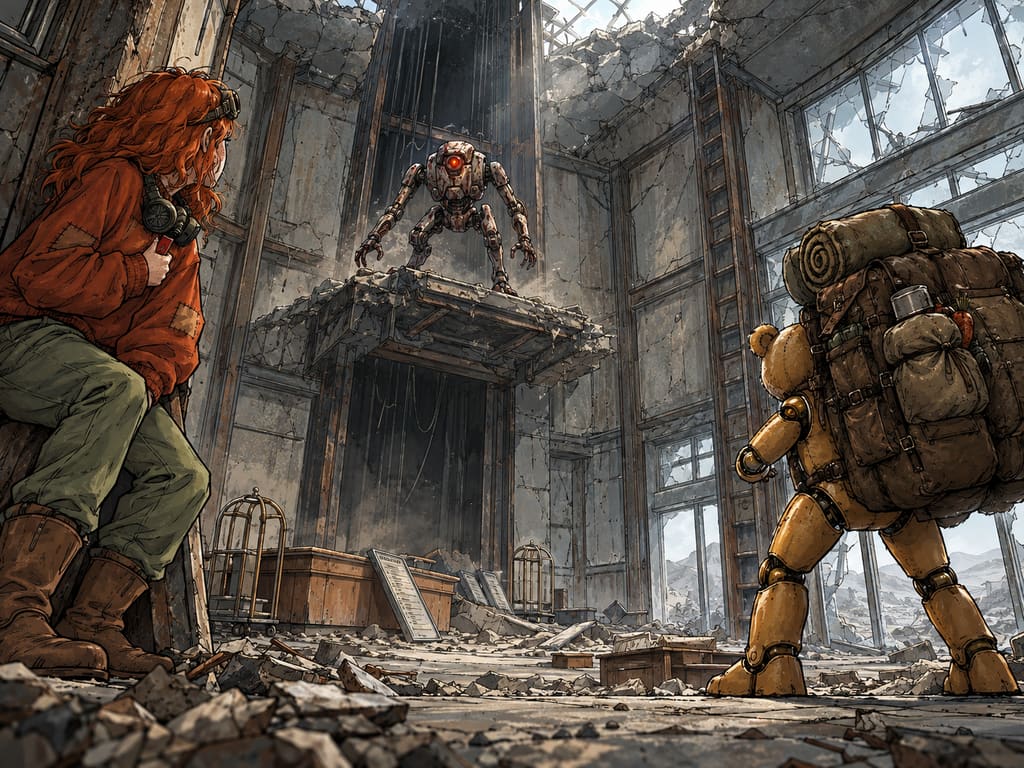 Ivy dans le paysage post-apocalyptique — page 36 panel 1: Ivy et Ted, presque arrivés à la sortie du gigantesque hall d’accueil, se retournent avec appréhension après un bruit énorme. Dans l’ouverture de la cage d’ascenseur, le Droïde des pillards est accroupi sur une plateforme brisée : il vient d’amortir son saut depuis le sommet de la tour. La poussière flotte autour de son corps métallique, tandis qu’Ivy serre sa carte magnétique rouge contre sa poitrine, le masque à gaz autour de son cou, et que Ted se place instinctivement devant elle, son énorme sac marin toujours fixé au dos.