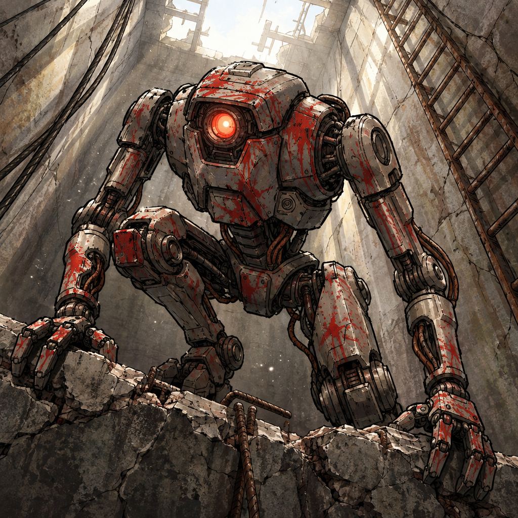 Ivy dans le paysage post-apocalyptique — page 35 panel 3: Dans l’ouverture de la cage d’ascenseur, le Droïde des pillards apparaît accroupi sur une plateforme brisée, son œil rouge brillant dans la pénombre. Il a amorti son saut depuis le sommet de la tour, et de la poussière flotte encore autour de son corps métallique, éclaboussé de peinture rouge.