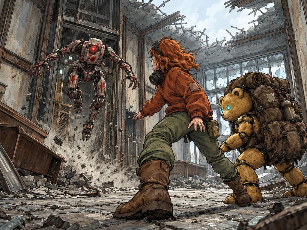Ivy dans le paysage post-apocalyptique — page 37 panel 1: Le Droïde des pillards quitte la cage d’ascenseur d’un bond brutal et fonce droit sur Ivy et Ted à travers le hall. Derrière le droïde, on voit la vieille cage d’ascenseur.
