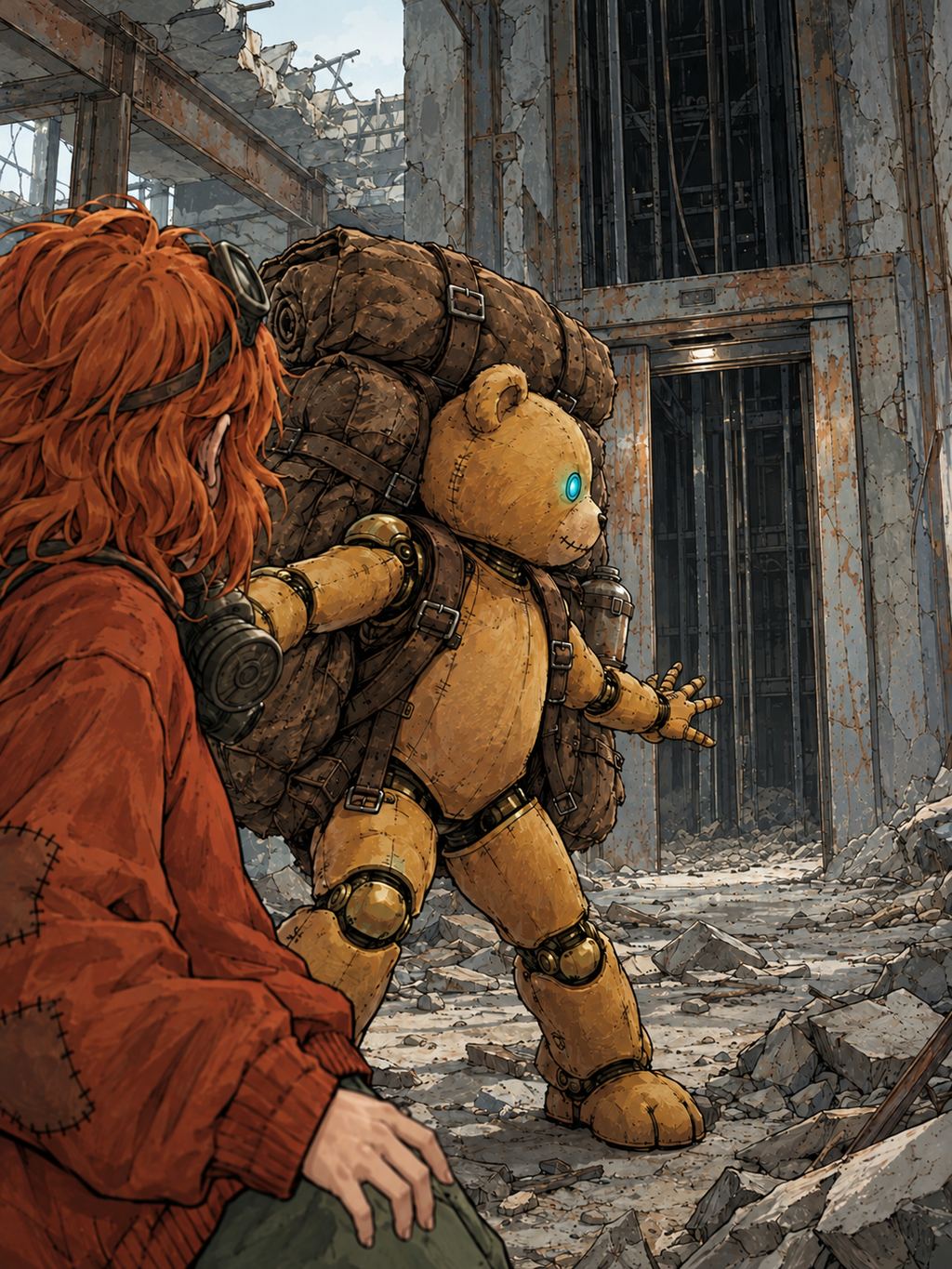 Ivy dans le paysage post-apocalyptique — page 37 panel 2: Ivy comprend qu’elle n’a pas le temps de fuir. Ted la pousse vivement sur le côté pour la mettre hors de la trajectoire du droïde. En arrière-plan, on voit la vieille cage d’ascenseur.