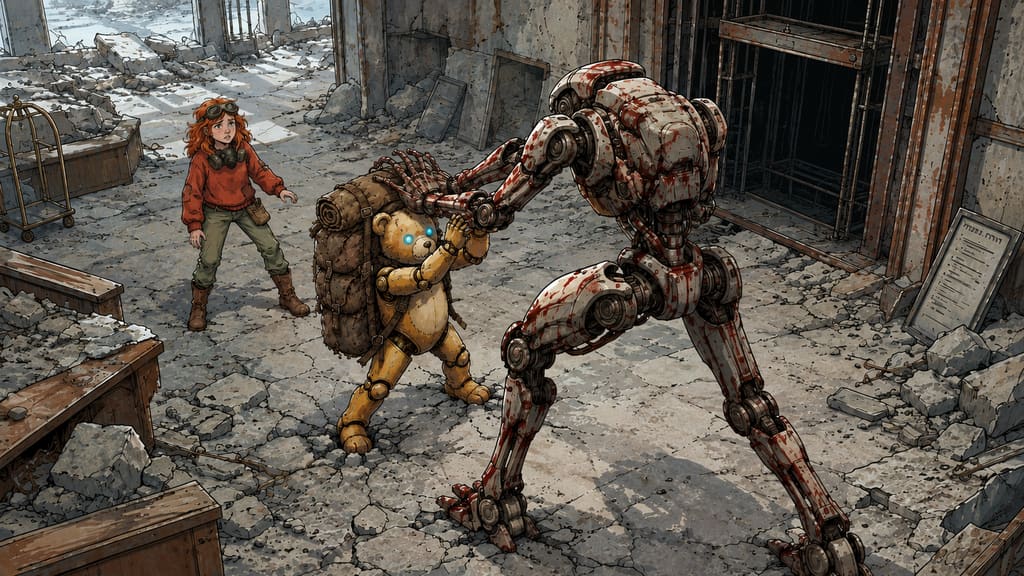 Ivy dans le paysage post-apocalyptique — page 37 panel 4: La force du choc enfonce les pieds de Ted dans le béton. Repoussée derrière lui, Ivy le regarde tenir bon tandis que Ted, bien plus petit que le droïde, garde les bras croisés au-dessus de sa tête. Les avant-bras du Droïde des pillards viennent de s'abattre sur ses avant-bras, dans un impact qui le maintient debout malgré la pression. En arrière-plan, on voit la vieille cage d'ascenseur derrière le droïde.