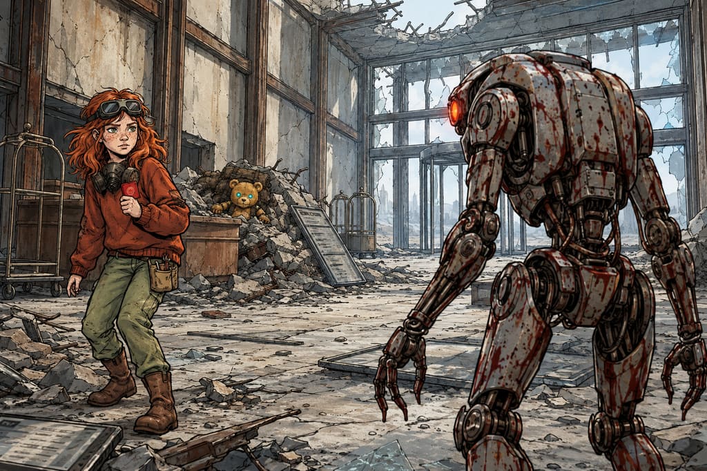 Ivy dans le paysage post-apocalyptique — page 38 panel 2: Ted s’encastre dans le tas de débris de mur et de meuble. Ivy recule seule, terrifiée, tandis que le Droïde des pillards se tourne lentement vers elle.
