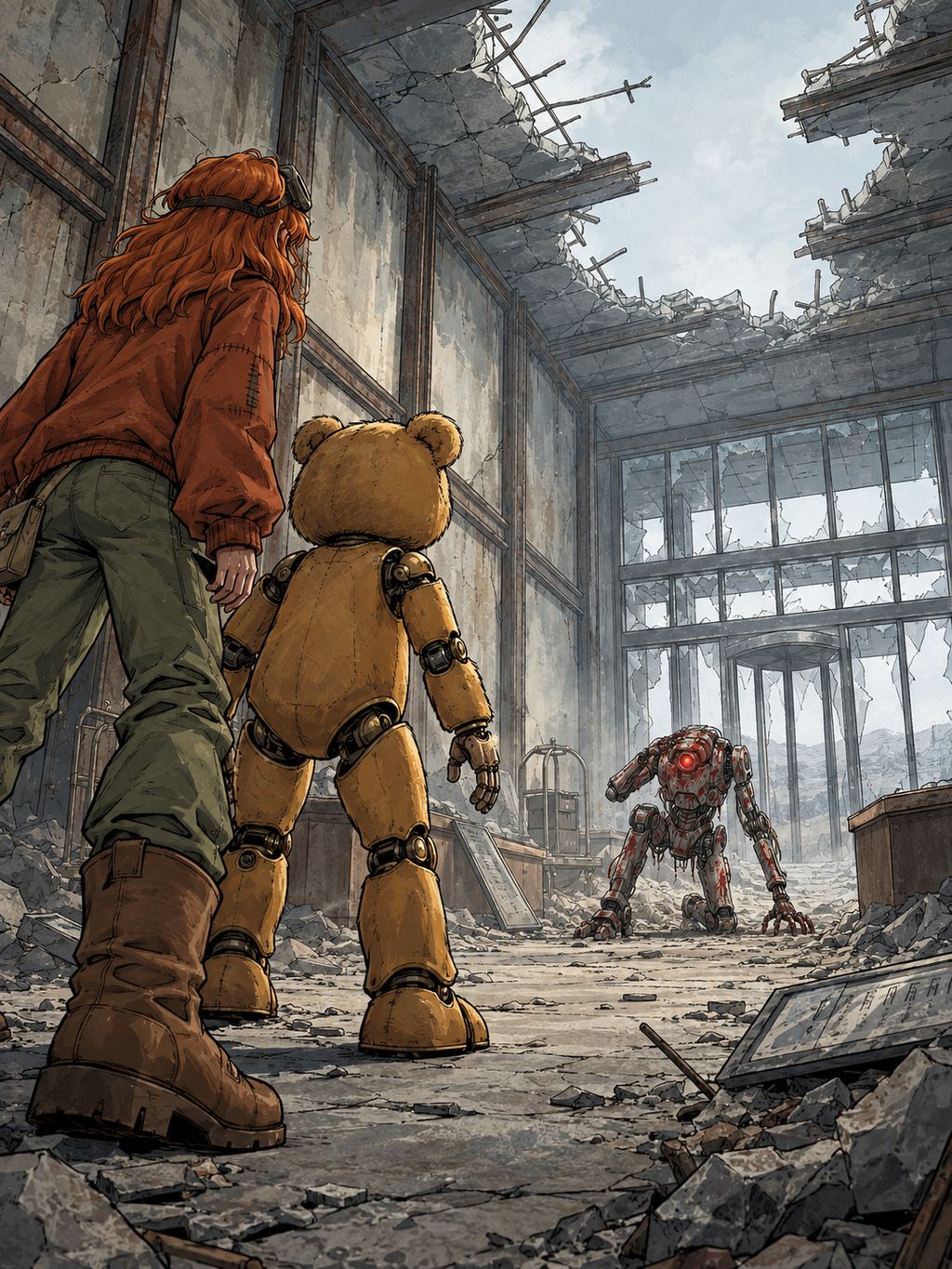 Ivy dans le paysage post-apocalyptique — page 38 panel 5: Au loin, le Droïde des pillards se redresse lentement, encore à moitié couché sur le sol. L’un de ses bras prend appui sur le sol tandis que l’autre maintient sa tête. Son œil rouge s’allume dans la poussière, tandis qu’il chante d’une voix mécanique une inquiétante comptine sur la couleur rouge.