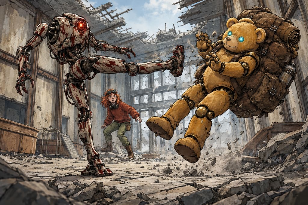 Ivy dans le paysage post-apocalyptique — page 38 panel 1: Le Droïde des pillards lance un violent coup de pied direct. Ted est frappé de plein fouet malgré sa résistance.
