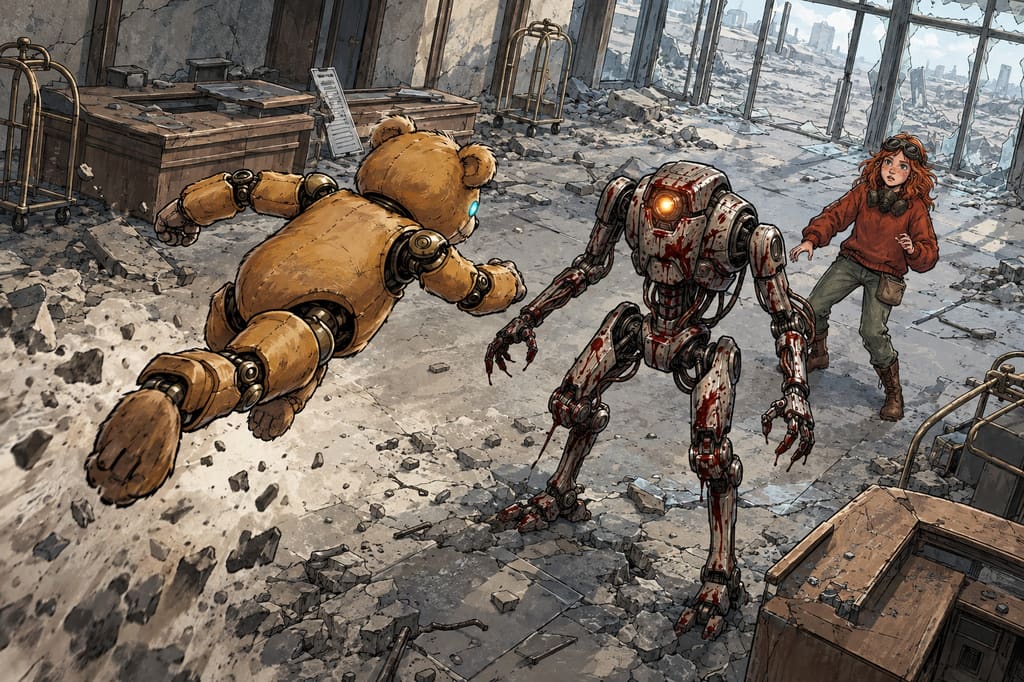 Ivy dans le paysage post-apocalyptique — page 38 panel 3: Le droide est juste devant ivy quand Ted surgit soudainement sur le cotés et fonce sur le droide
