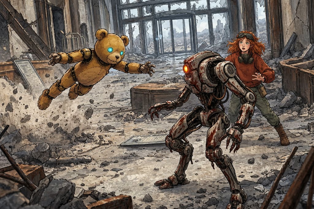 Ivy dans le paysage post-apocalyptique — page 38 panel 3: Le droide est juste devant ivy quand Ted surgit soudainement sur le cotés et fonce sur le droide