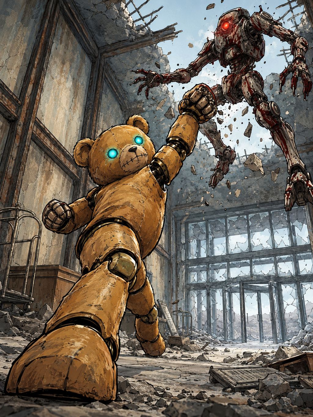 Ivy dans le paysage post-apocalyptique — page 38 panel 4: Ted assène un puissant coup de patte en uppercut au Droïde des pillards. Le droïde est projeté vers l’entrée du hall.