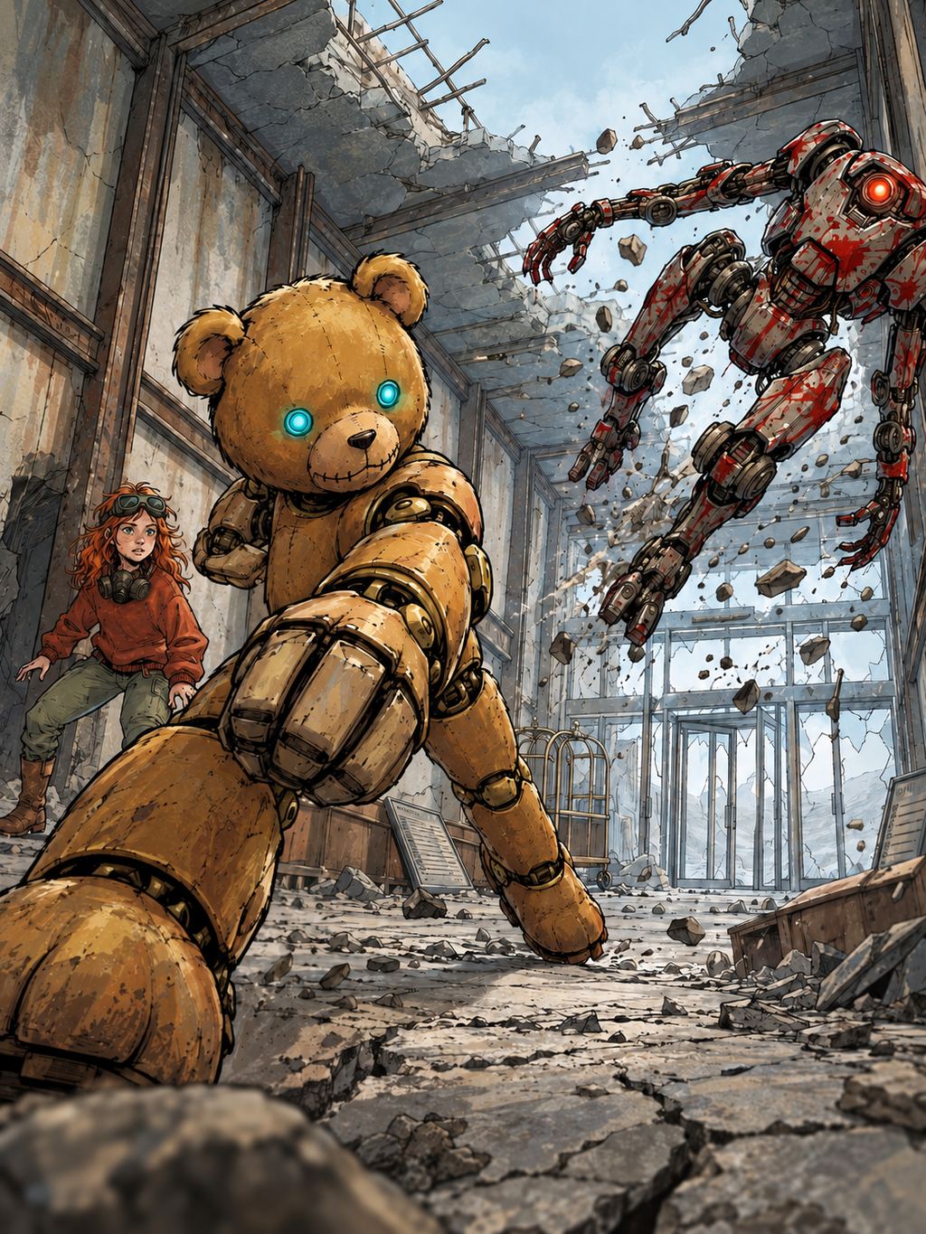 Ivy dans le paysage post-apocalyptique — page 38 panel 4: Ted assène un puissant coup de patte en uppercut au Droïde des pillards. Le droïde est projeté vers l’entrée du hall.
