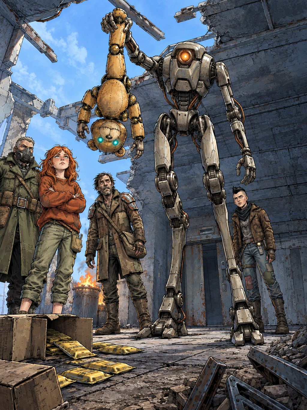 Ivy dans le paysage post-apocalyptique — page 28 panel 6: De jour, toujours suspendu à l’envers par une jambe, Ted parle avec un calme désarmant aux pillards. Ivy, visible à proximité et clairement contrariée par lui, lève les yeux au ciel.